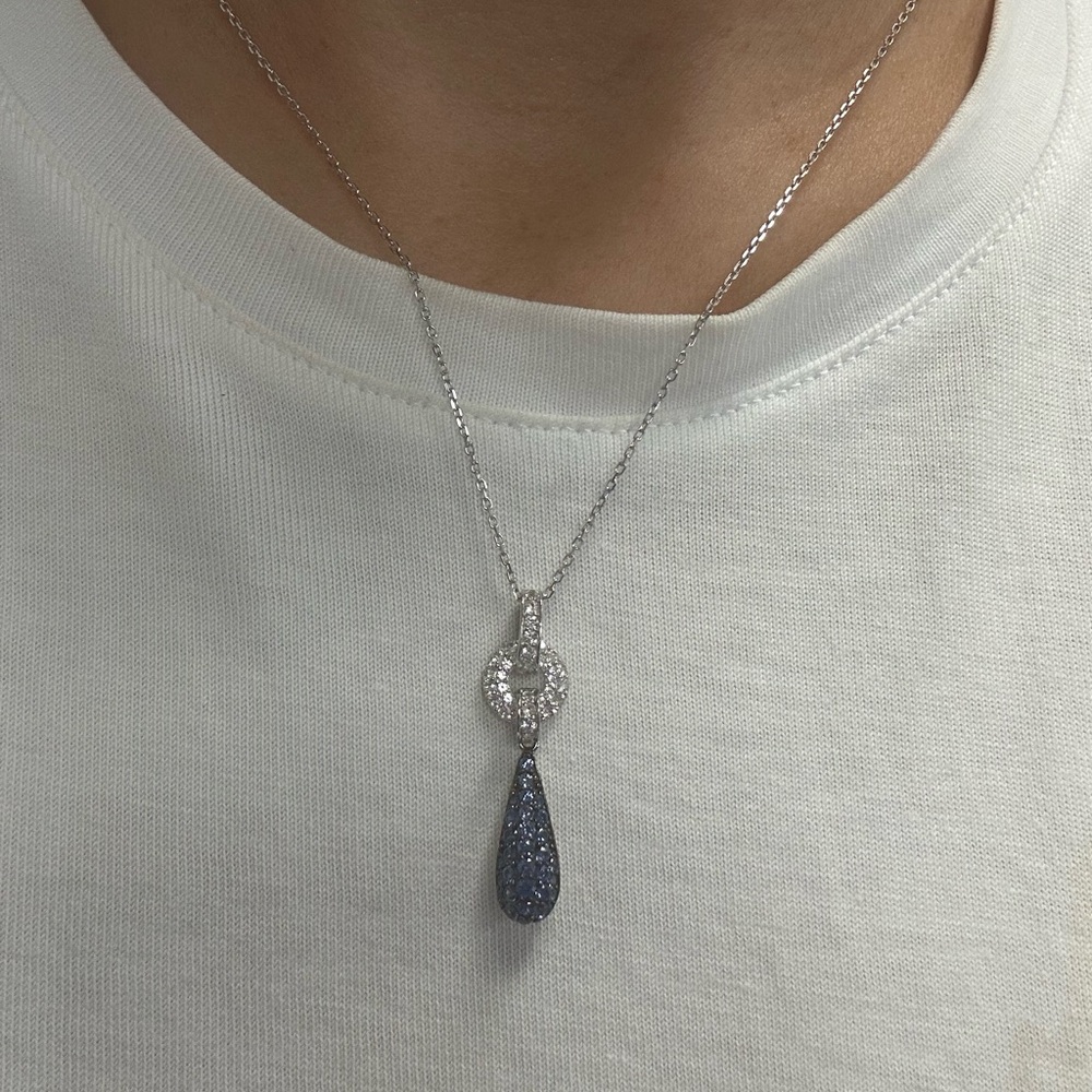 Suzy Levian Sterling Blue Sapphire White Sapphire Teardrop Pendant Necklace NWT
